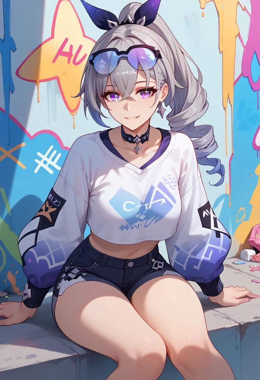 star rail,silver wolf,cropped graffiti sweatshirt,dolphin shorts  - 